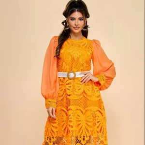 Women's Crochet Woven Maxi Dress-Sweet Solid High Waist Lace & Zippers Sheer Lantern Sleeves Daily Wear