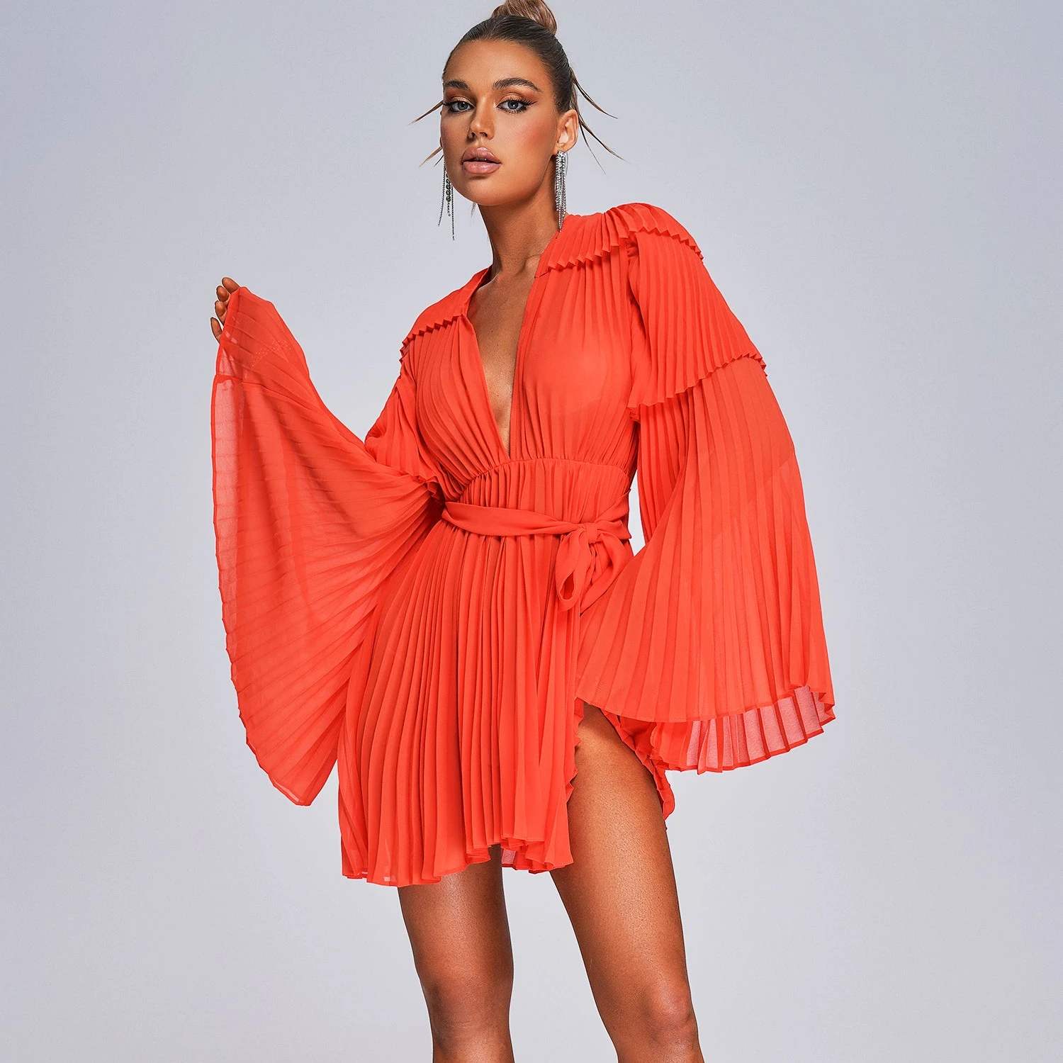 BEISHI New Sexy Deep V Neck Mini Dress Pleated Long Sleeve - Main Image