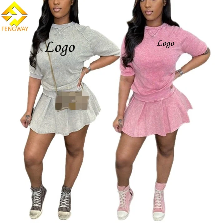 Custom Logo 2024 Summer 2 Piece Set Women Casual Solid Color Short Sleeve Loose Crop Tops Pleated Skirt Sets for Women