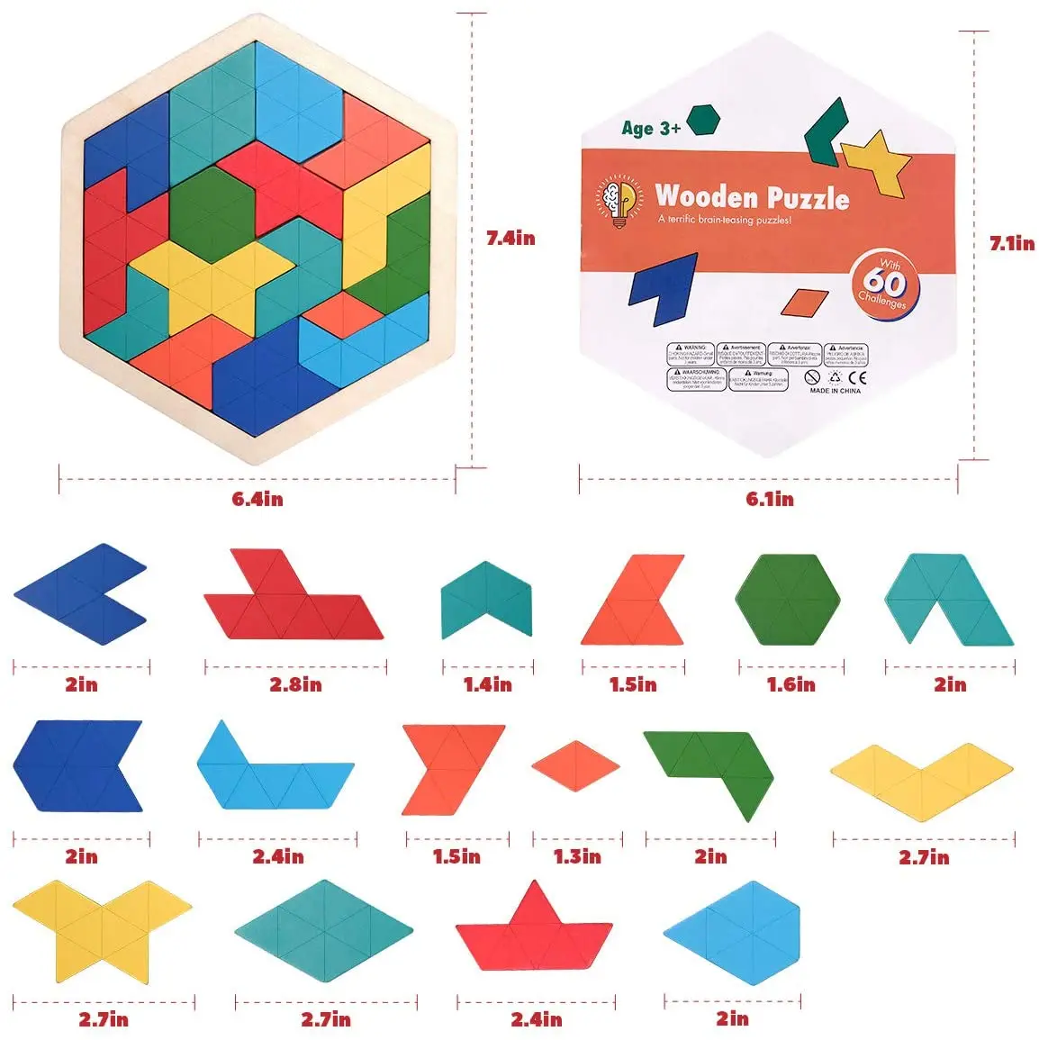 Quebra-cabeças de madeira para crianças adultos - Crianças quebra-cabeças  Hexagon Shape Pattern Block para crianças cérebro teaser quebra-cabeça  Lógico iq Jogo stem Jogo de Brinquedo Educacional Para Todas as Idades  Desafio em