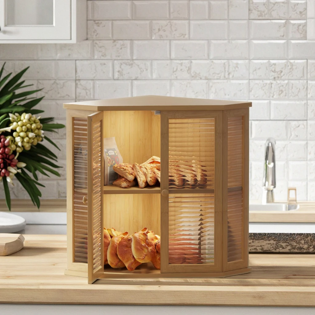 Wholesale Large Capacity Double Layer Bamboo Bread Box with Glass Door Loaf Storage Container Kitchenware Kitchen Countertop
