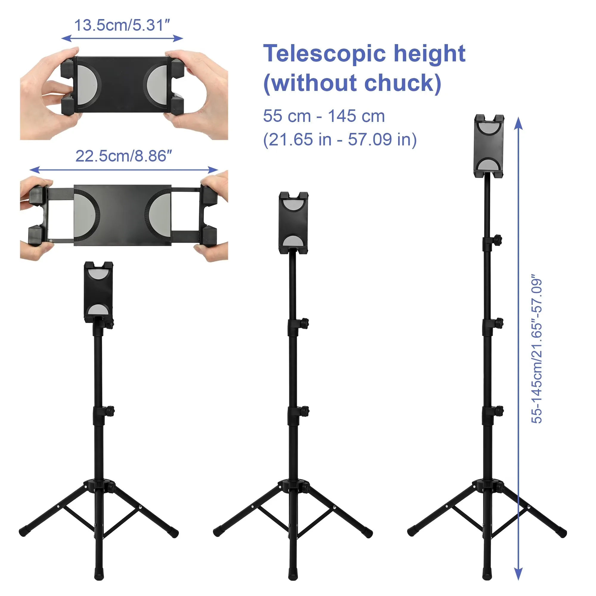 Trípode para tableta ajustable en altura, soporte de montaje giratorio 360 grados y soporte de suelo para dispositivos de 5-12,9 pulgadas