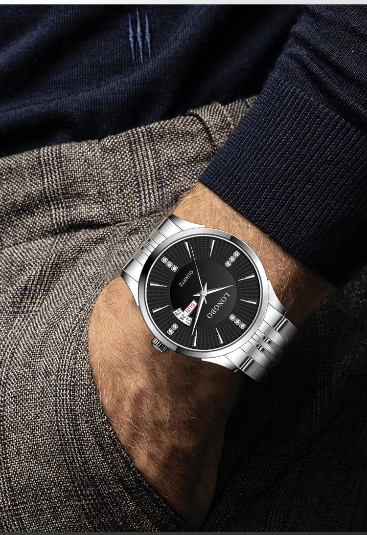 LONGBO 80552 Fashion 3BAR Depth Waterproof Stainless Steel Strap Calendar Quartz Luxury Classic Lover's Diamond Couple Watches