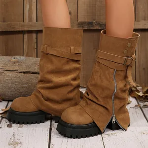 QuiteS 2026 Winter New Wrinkled Knee-High Solid Boots Thick-Soled Genuine Leather Large Size Belt Buckle Shoes for Women