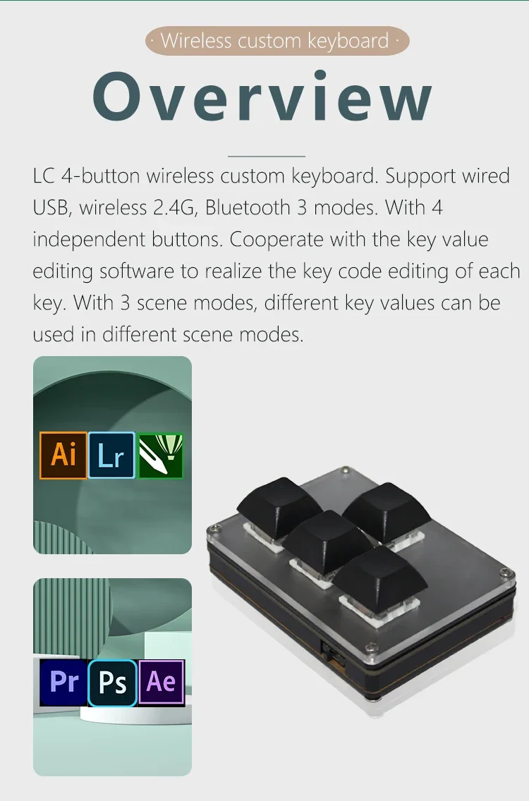 4 Key Wireless Custom Keyboard 2.4G USB Bt 3 Modes Hot-swappable ...