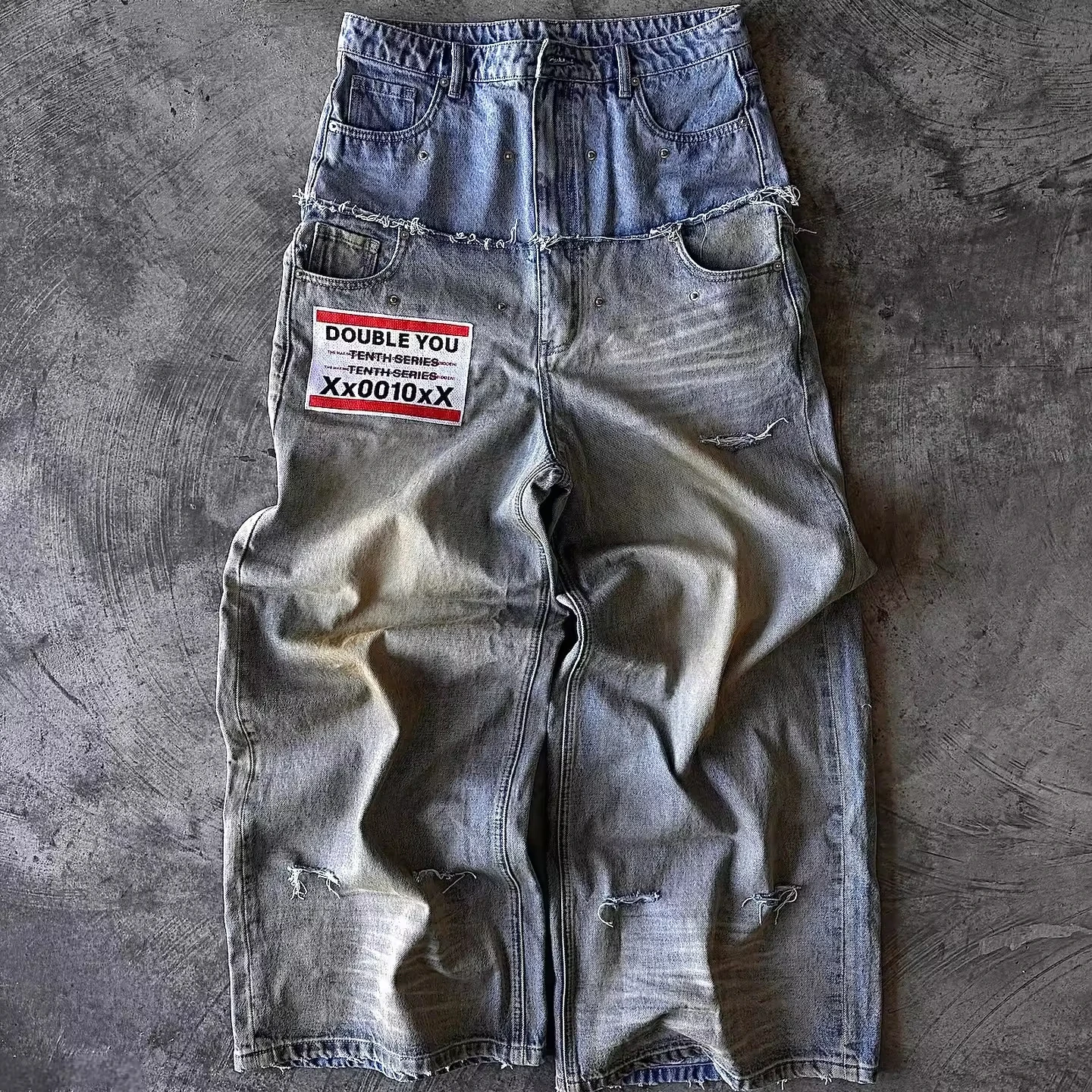 Custom Streetwear Men Denim Pants Trouser Patchwork Casual Vintage Double Waist Homme Baggy Jeans Manufacturer gallery 7