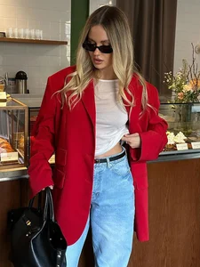 Cross-border Casual Red Suit European American 2026 Summer New Temperament Shoulder Pad Long Sleeve Loose Lapel Pocket Medium