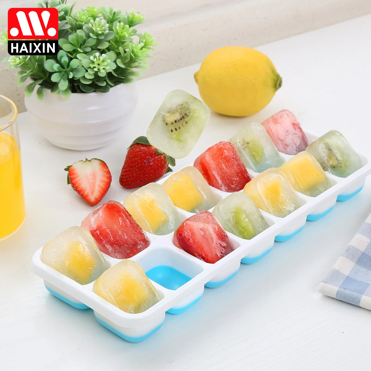 Haixin 14 Grid Biodegradable Ice Cube Tray With Lid Food Grade Silicone Custom Eco-friendly Ice Cube Tray