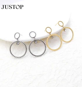 New High Quality Stainless Steel Silver Plated Geometric Double Circle Temperament Stud Drop Earrings