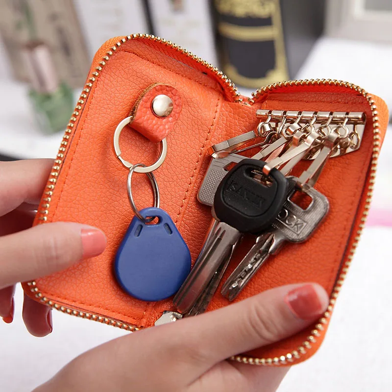 Key Holder Wallet Split Leather Unisex Pure Colors Zipper Car Key