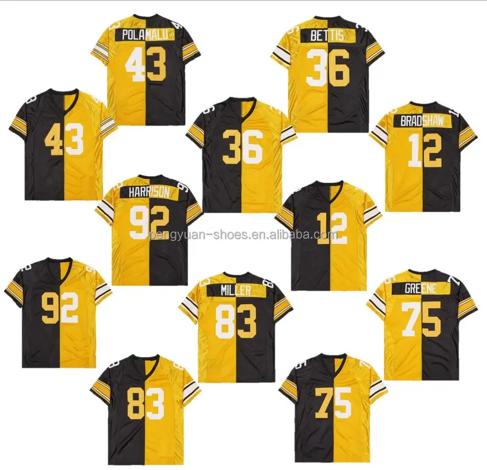 Wholesale Best Quality #43 Troy Polamalu #12 Terry Bradshaw #36 Jerome  Bettis Black/Gold Split American Football Jersey From m.