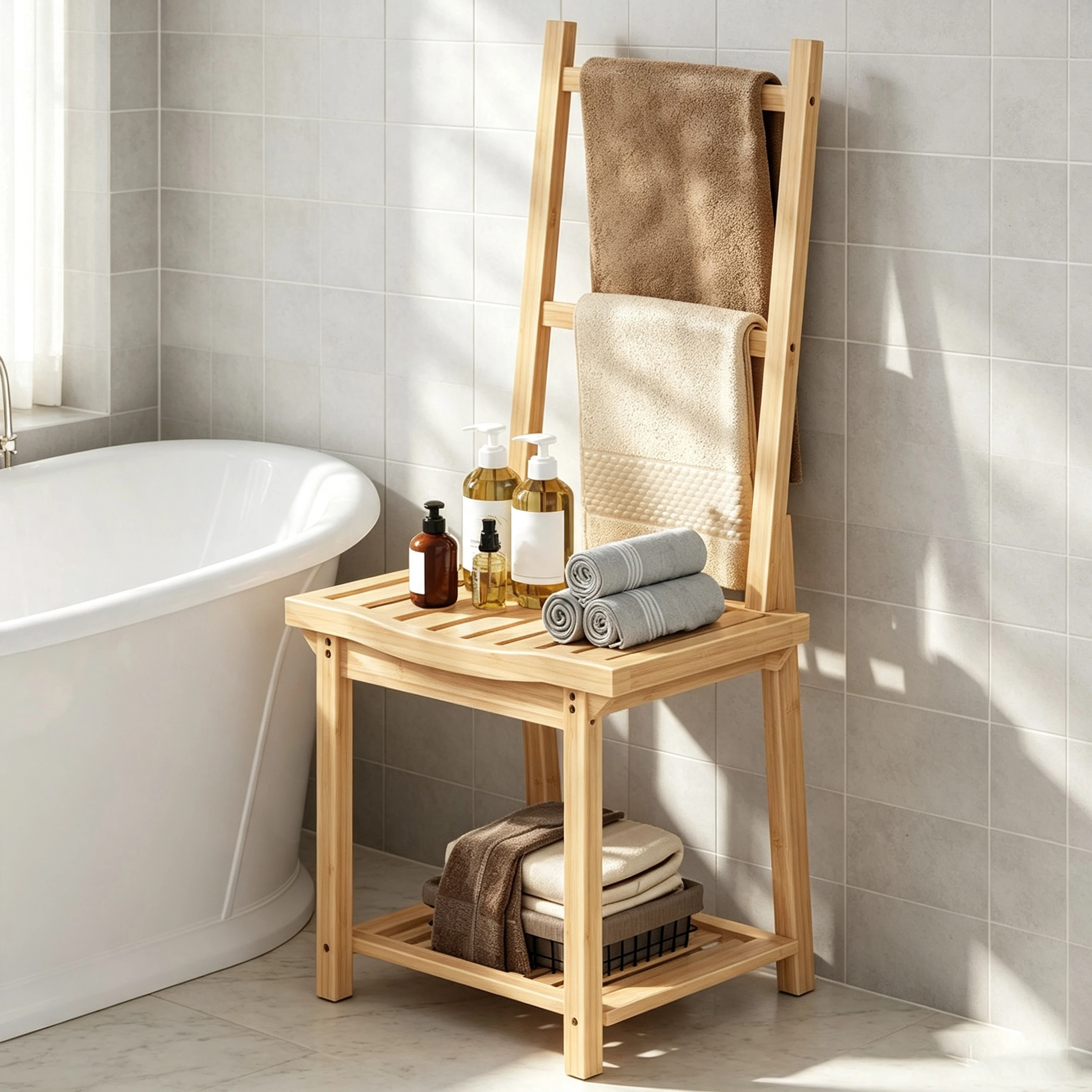 Wooden Shower Bench Towel Ladder Rack with 2 Tier Storage Shelf Free Standing Spa Hotel Bathroom Organizer Furniture