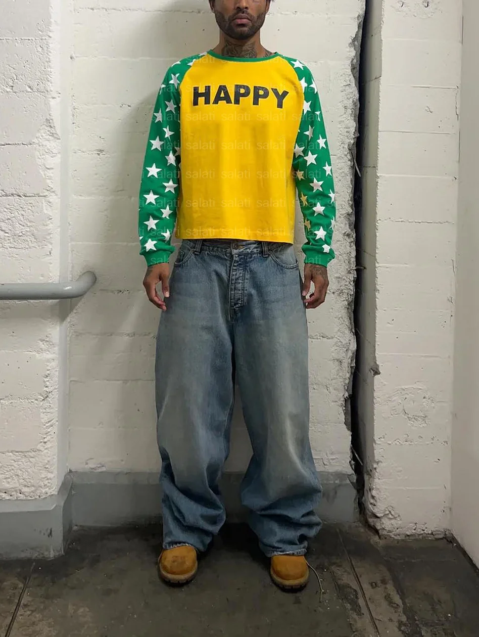 Custom Streetwear Patchwork Two Tone T-shirts Oversized 100% Cotton Graphic Tee Screen Printed Boxy Long Sleeve T Shirts for Men gallery 2