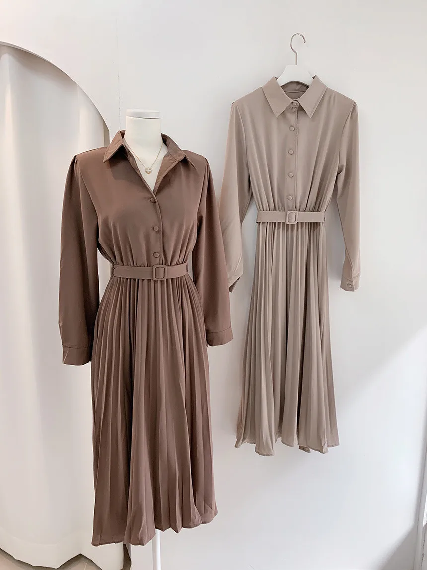 New Fashion Women Pleated Long Dresses Lapel Shirt Dress Long Sleeve French  Elegant Solid Color Office Lady Casual Dress - Buy Long Sleeve Button