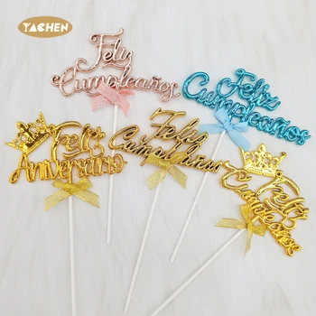 YACHEN Gold Cake Decorations Plastic PP Feliz Cumpleanos Spanish Happy Birthday Cake Topper Party Baking Decoration Supplies