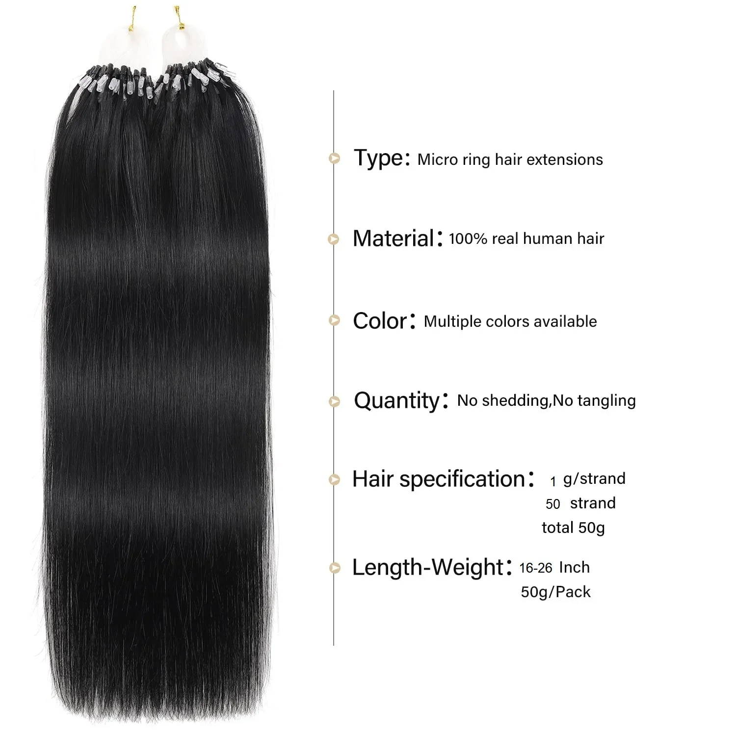 Extensii de păr Micro Ring, păr uman negru natural, cu perle Microlink, buclă dreaptă_voghion.com