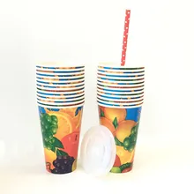 Juice Paper Cups with Lids and Straws 12oz Double PE Coated Paper Cup