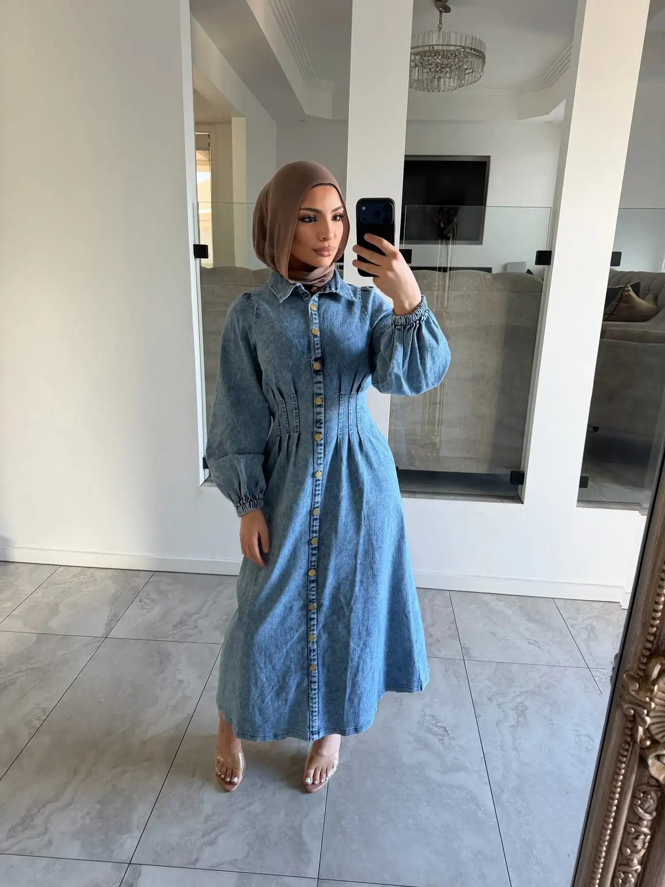 Custom Waist Cinch Denim Shirt Style Muslim Long Dress Abaya Women Muslim Dress Soft Denim With Button Front