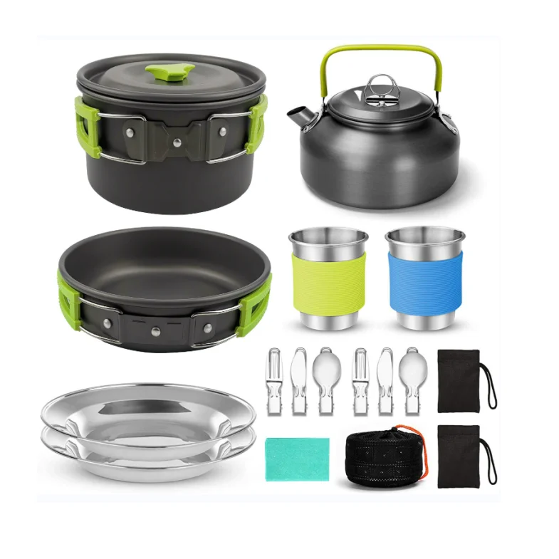 2 Persons Lightweight Backpacking Outdoor Aluminum Cookware Mess Kit Portable Camping Pan Pot Cookware Set