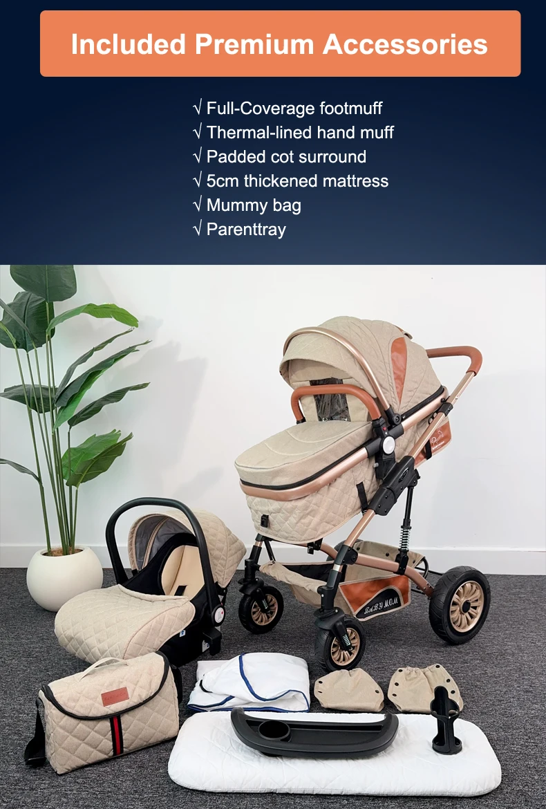 Luxury 3-in-1 Multifunction Baby Stroller with Removable Carry Cot Pram Wholesale Option