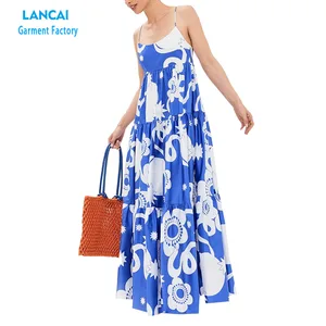 Women's Long Dress White Pattern Sky Blue Colors square Neck Sleeveless Modal Fabric Comfortable Clothing Customized