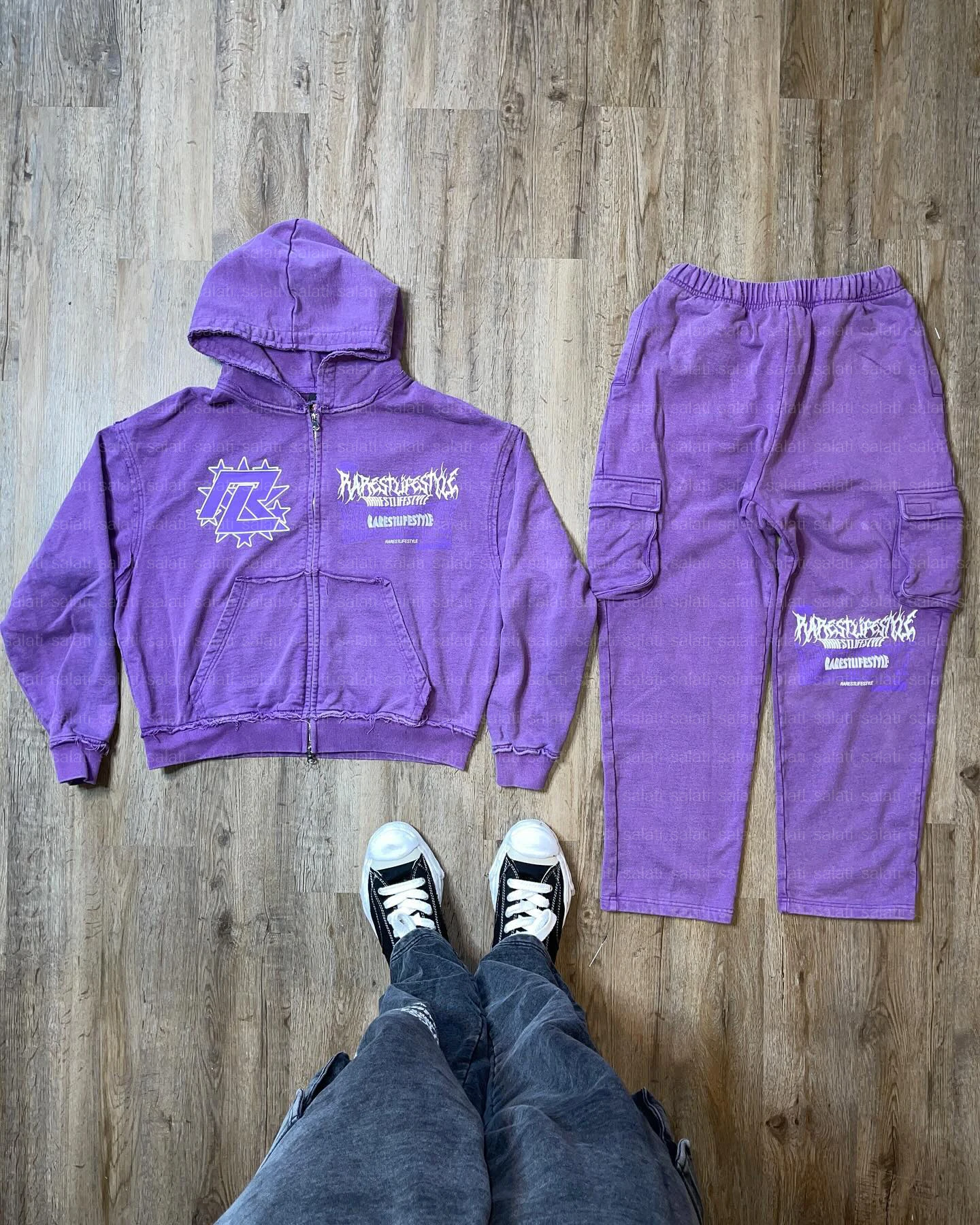 Custom Distressed Vintage Sweatsuit Acid Wash Sweat Suit Zip up Print Jogging Suit Tracksuit Cargo Sweatpants and Hoodie Set Men gallery 3