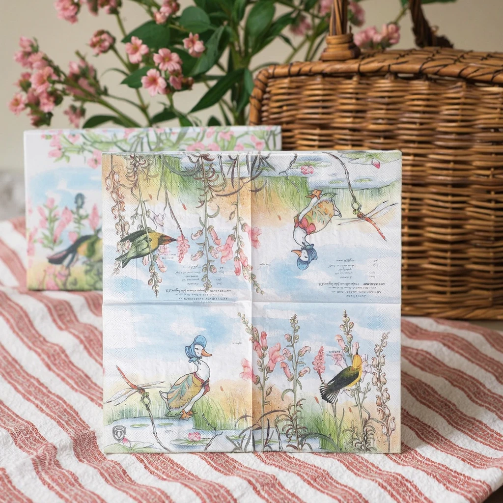 Watercolor Floral Bird-Theme Printed Disposable Virgin Wood Pulp 2-Ply Elegant Colorful Dinner Napkins LR Brand Bag supplier