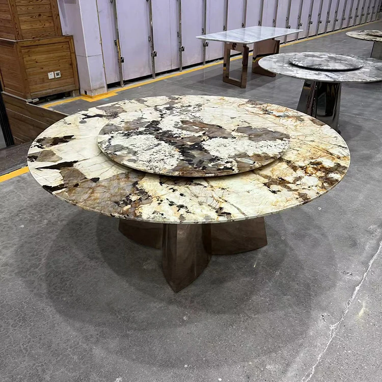 Wholesale Formal Royal Stone Set Design Home Furniture Luxury Grey Marble Tabletop Round Dining Dinning Table for Hotel