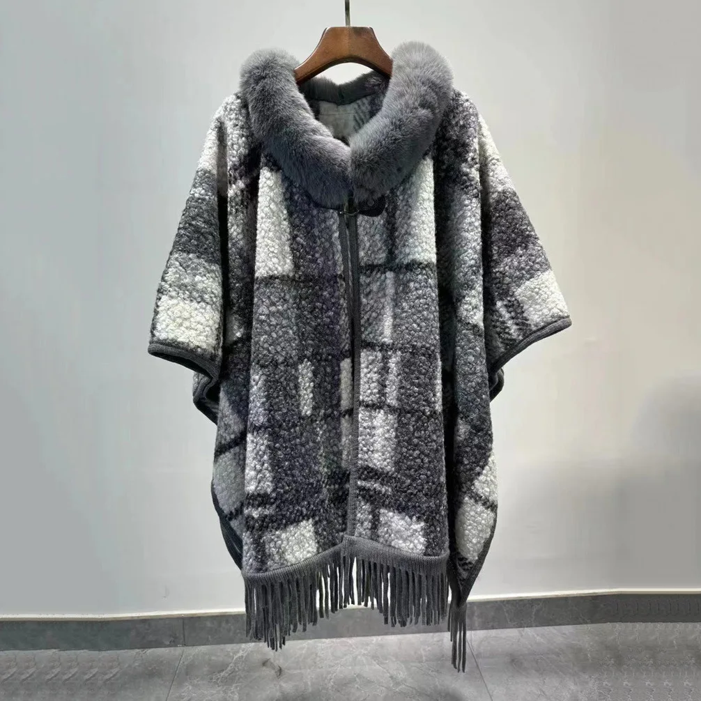 Winter Cloak Ladies Plaid Cardigan Acrylic Cape Scarf Coat Plus