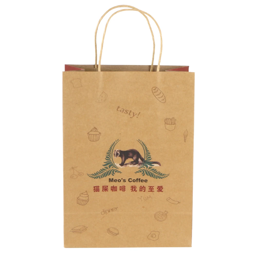 custom logo printed recycled brown fast food packaging coffee takeaway paper bag with handles