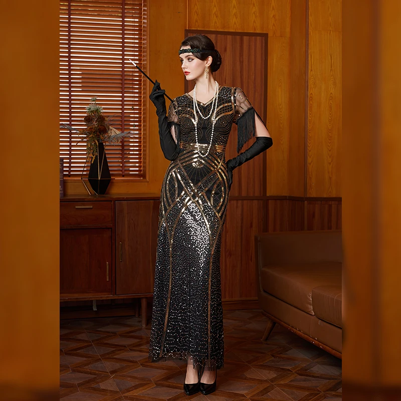 authentic 1920s party dress Zapaka Women Black Flapper V Neck Long Sleeves Vintage Dress With Fringes, Black / S The fabric is comfortable for the skin 1920s Flapper Dresses | Great
