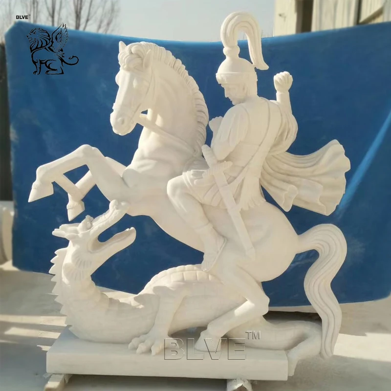 手彫りの等身大大理石聖ジョージ乗馬馬ドラゴン殺害像西カトリック宗教