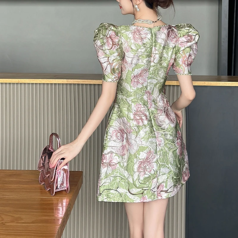 ZYHT 91105 Square Neck Summer Short Sleeve Jacquard Beaded Forest Green Color Dresses Women Lady Elegant