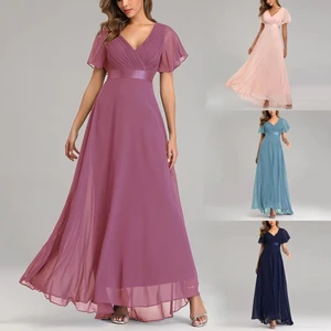 Trendy High Quality Hand Folded Bridesmaid Dresses Large Swing V-neck Flare Sleeve Chiffon Dress Elegant Evening Dresses