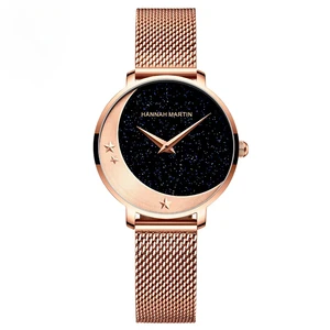 High Quality Women Quartz Watch Movement Stainless Steel Wristwatch Moon Stars Night Flash Watches for Women