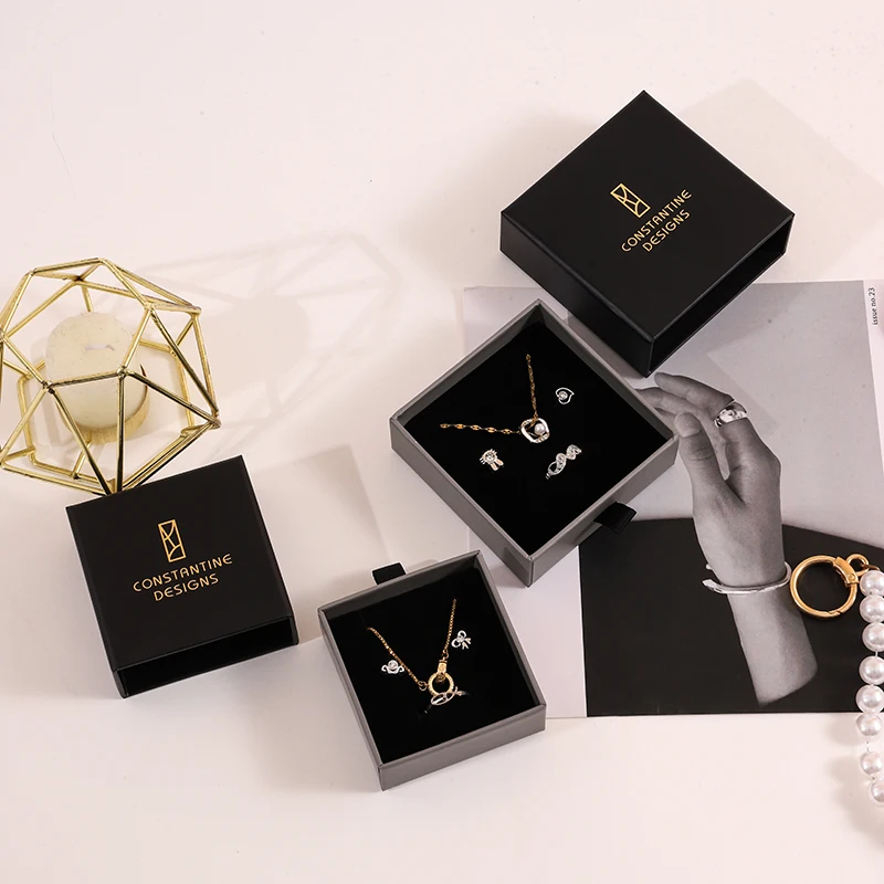2024 A1 Simple Black Elegant Custom Logo Printed Paper Drawer Jewelry Box Unique Packaging Pendant Stud Ring Earring Gift Box manufacture