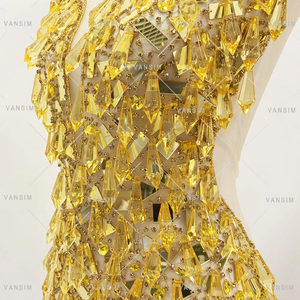 Mirror Acrylic with Drop Stone Gold Bodice Applique Handmade Rhinestone Applique Bridal With Icicle for Evening Dresses
