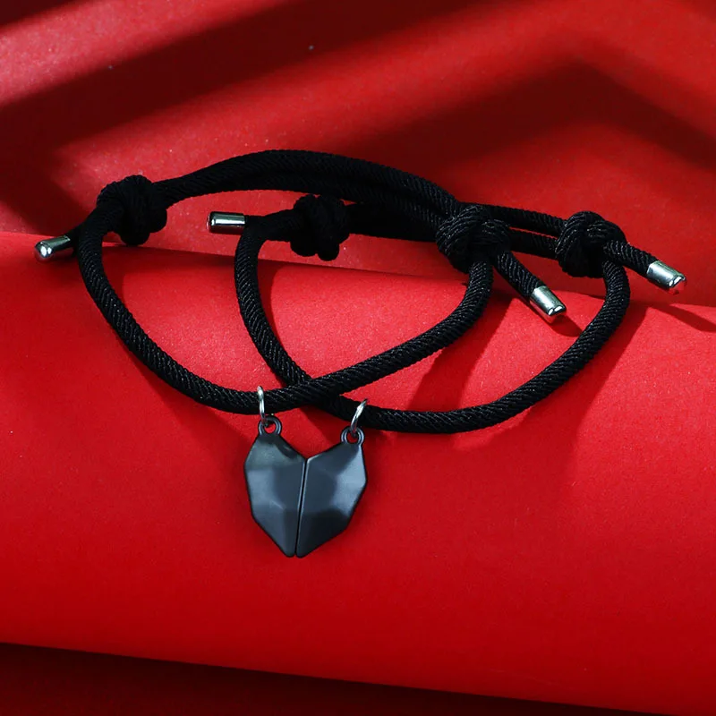 1Pair Two halves Heart Magnetic Bracelet Steel Pendant Couple Bracelets for  Lover Friendship Bracelets Braid Rope Magnet Jewelry