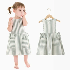 Soft 100%Cotton Toddler Girls' Striped Sleeveless Tie-Waist Large Pocket Dress for Spring Summer Daily