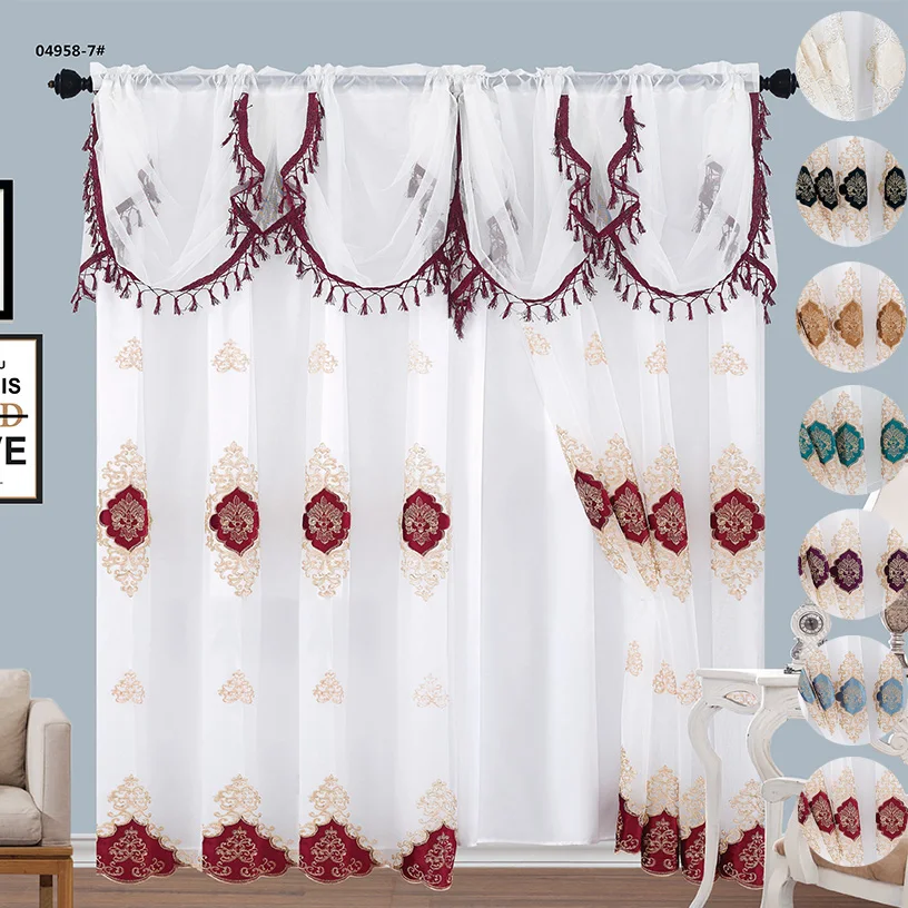 Fancy Flannel Stitching Embroidered Curtain with Attached Valance and Quality Sheer Accept Pattern Design for Home