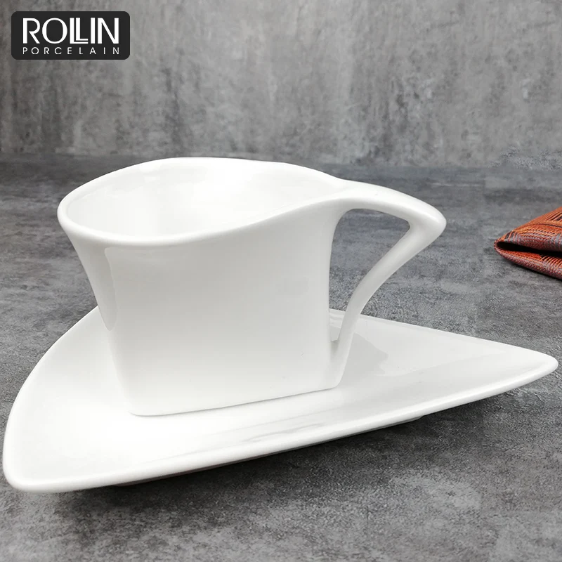 Ceramic Coffee Cups Unique Design Triangle Shape Porcelain Coffee Cups and Saucer Ceramic Espresso  Coffee Cup Set
