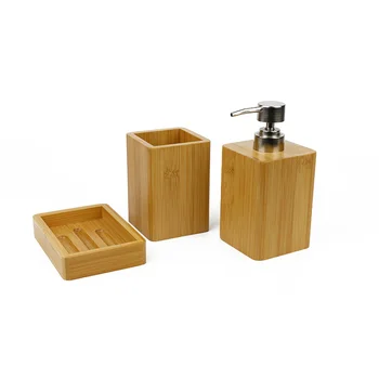 Factory OEM ODM Bamboo Bathroom Accessories Set 3 PCS Bath Set Lotion Dispenser Toothbrush Holder Soap Dish