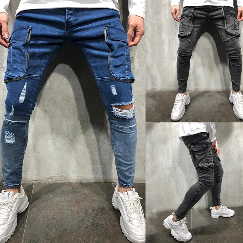 Factory Custom High Quality Casual Pocket Washed Ripped Men Denim Jeans Trousers