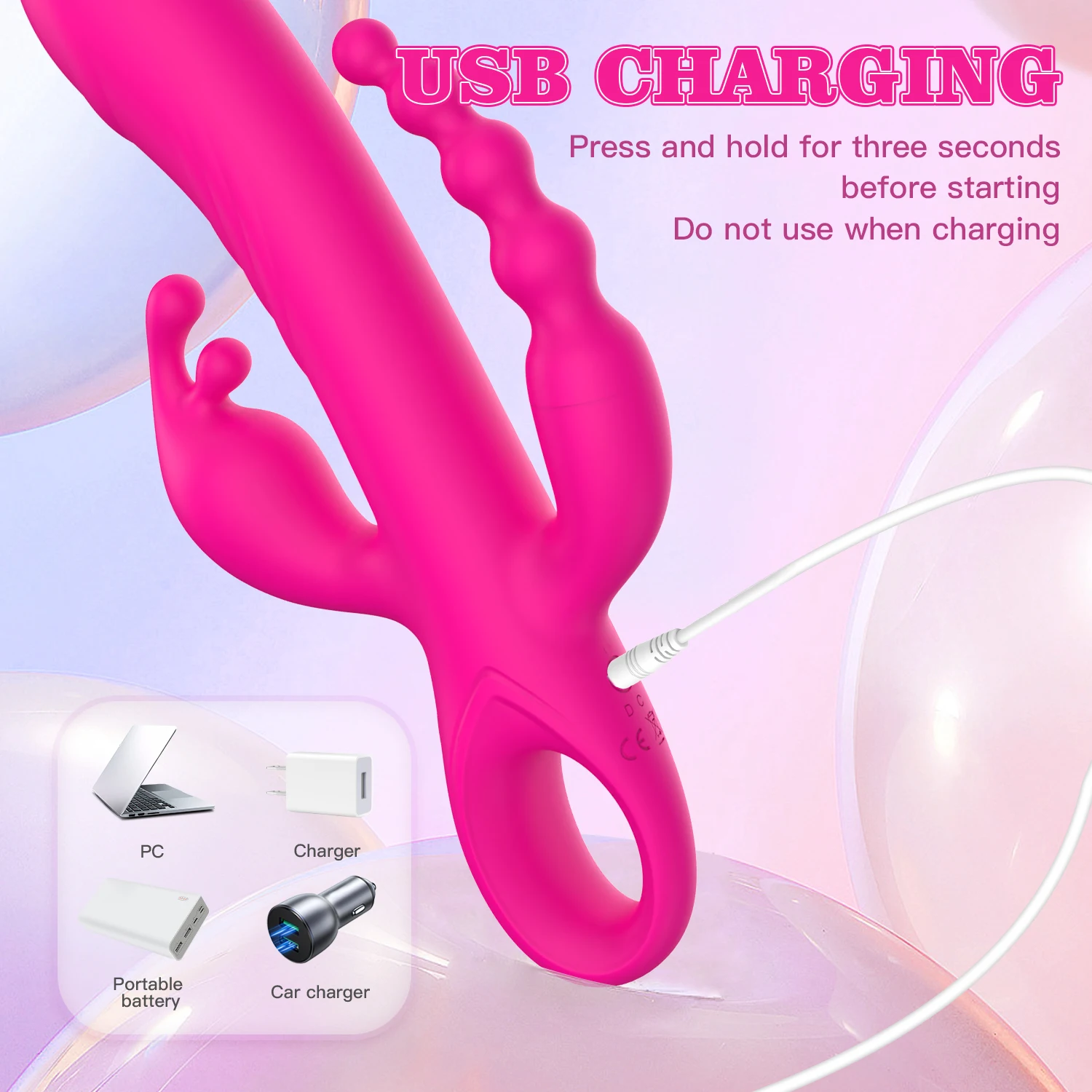 Women's XL Rabbit Vibrator - Three-Headed Silicone Dildo Sex Toy with 10  Vibration Modes, Waterproof Anal Plug for B2B