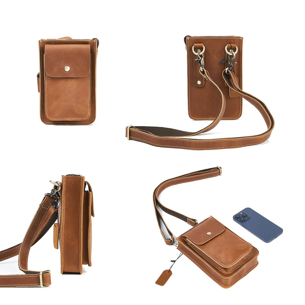 New Design Custom Genuine Cow Leather Wallet Purse Mini Shoulder Men Waist Bag Crazy Horse Real Leather Mobile Cell Phone Bag