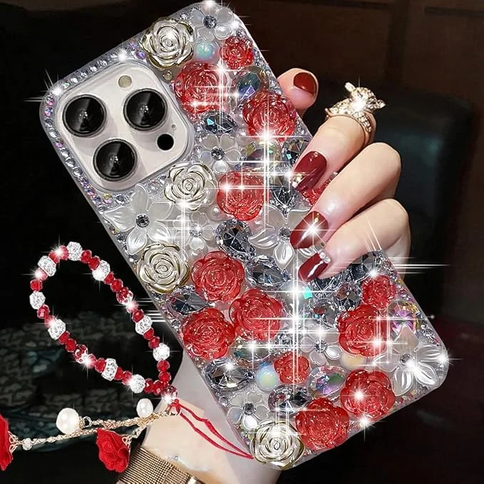 Laudtec Cute Luxury Sparkle Crystal Rhinestone Flowers Case for iPhone 16 pro max Diamond Gems Pearl Lanyard Wrist Strap Case