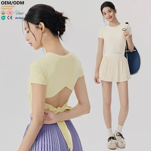 XW-DWY116001 Solid Color Chest Pad Comfortable Sports Quick Dry High Quality Gym Clothing Workout Ribbon Bow Women's Sports Top