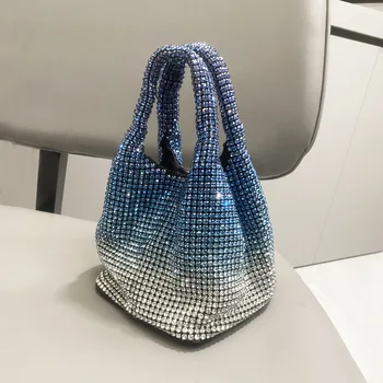 Designer Gradient Sequins Bling Women's Rhinestones Bucket Bag Luxury Diamond Evening Shinny Crystal Clutch Purse Handbag