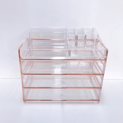 Оптовая продажа, акриловый косметический Органайзер с 3 ящиками и золотой металлической рамкой