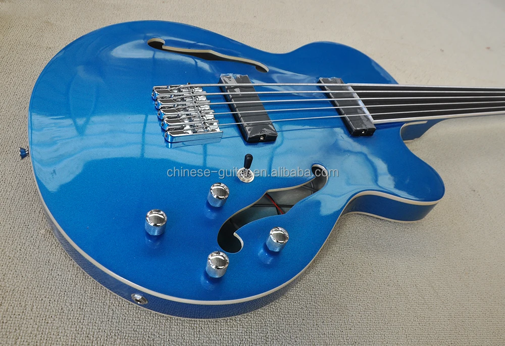 Flyoung Metal Blue 5 Strings Electric Bass Guitar Rosewood Bass Guitar Side Hole Body Bass